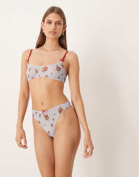 ASOS DESIGN – Vada – Blå, blommiga stringtrosor med hög benskärning i mesh - view 1