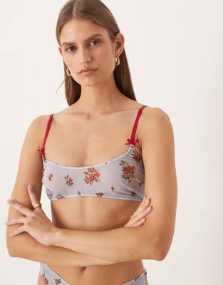 Vada - Brassière en tulle à encolure dégagée et imprimé fleurs - Bleu XS