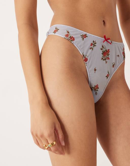 ASOS DESIGN Vada mesh floral print high leg lingerie thong in blue, 4 of 4