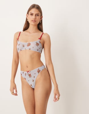 ASOS DESIGN - Vada - Netzstoff-Tanga in Blau mit Blumenmuster und hohem Beinausschnitt