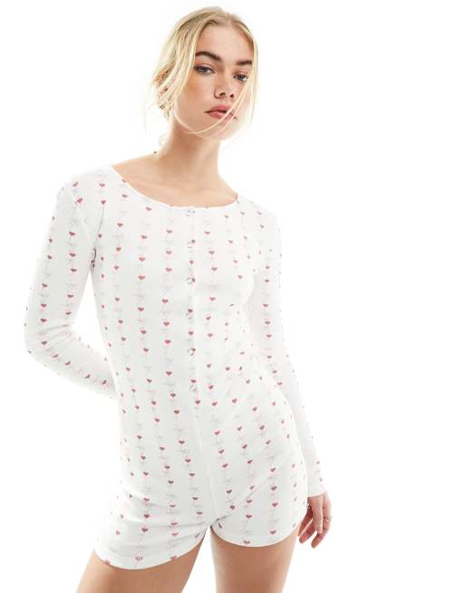ASOS DESIGN - Valentijn - Casual zachte geribbelde playsuit met fijne print in ivoorwit
