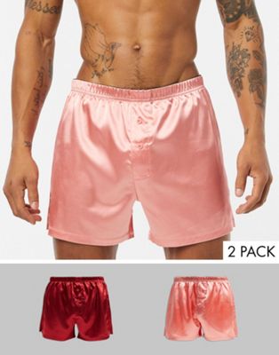 ASOS DESIGN - Valentijn - Voordeelset van 2 zijdeachtige boxershorts in roze en rood-Multi