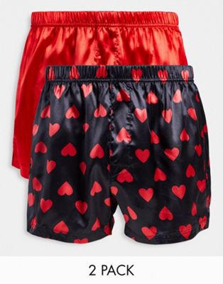 ASOS DESIGN valentines 2 pack satin boxers with heart print