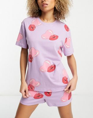 ASOS DESIGN bubblegum lips oversized tee & short pyjama set in lilac
