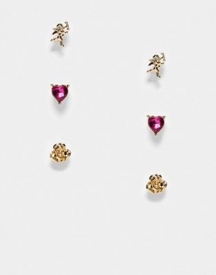 ASOS DESIGN pack of of 3 stud earrings with heart motifs in gold tone