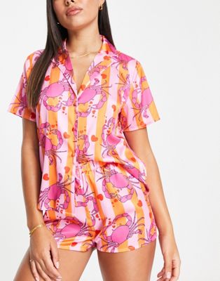 ASOS DESIGN Valentines satin crab print shirt & short pyjama set in pink & orange stripe | ASOS