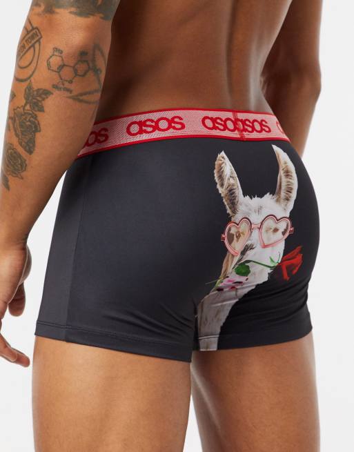 ASOS DESIGN valentines trunk in black with lama print and branded waistband, 3 of 4