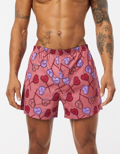 ASOS DESIGN valentines woven boxer shorts with love heart lollipop print