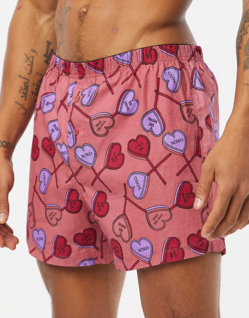 ASOS DESIGN valentines woven boxer shorts with love heart lollipop