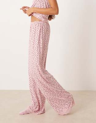 ASOS DESIGN - Valentinstag - Mix & Match - Pyjama-Hose in Rosa mit weitem Bein, Spitzenborte und Herzmuster