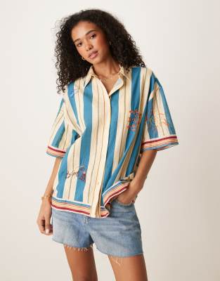 Asos Design Valerie Cotton Stripe Embroidered Beach Shirt In Multi