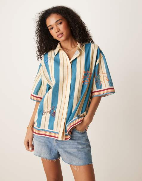 ASOS DESIGN Valerie cotton stripe embroidered beach shirt in multi - view 1