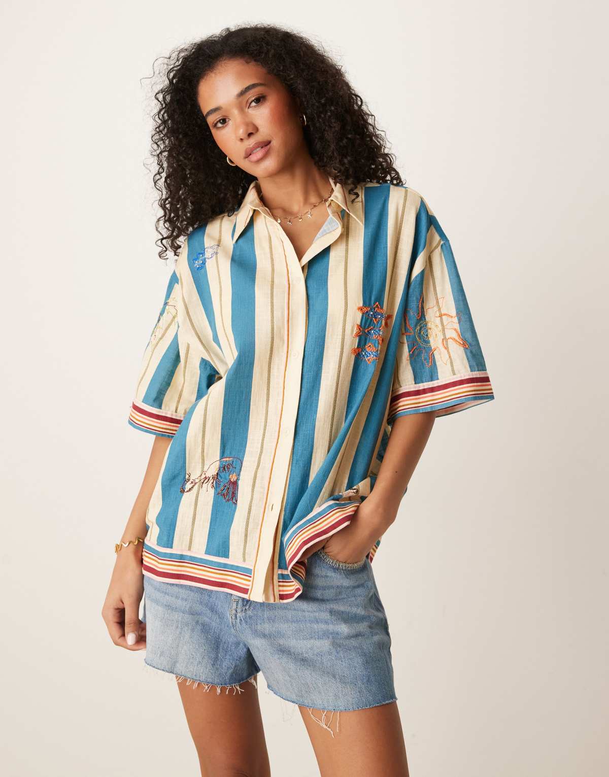 ASOS DESIGN Valerie cotton stripe embroidered beach shirt in multi