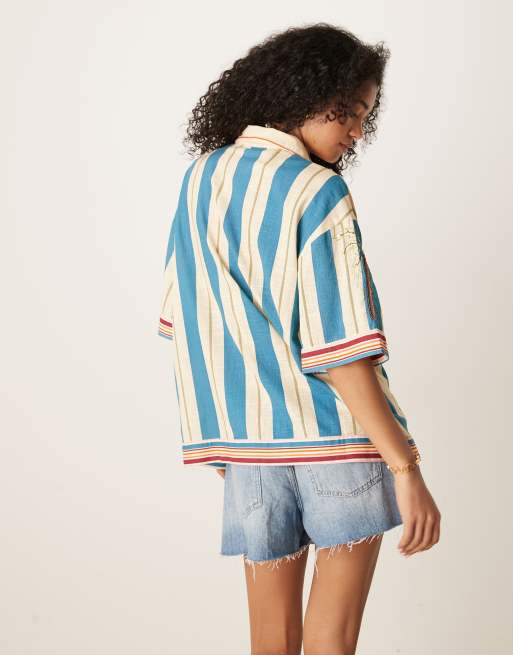 ASOS DESIGN Valerie cotton stripe embroidered beach shirt in multi, 3 of 4
