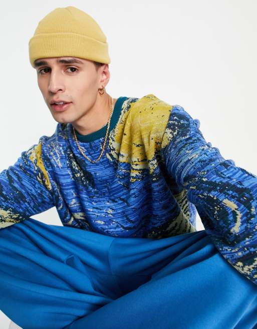 ASOS DESIGN Van Gogh jacquard knit jumper in blue, 3 of 4
