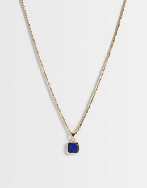 ASOS DESIGN vandtæt halskæde i rustfrit stål med firkantet lapis-vedhæng i guld - view 1