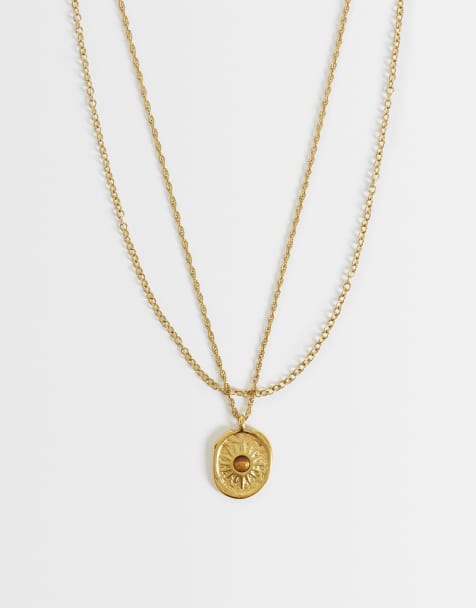 ASOS DESIGN vandtæt halskæde i rustfrit stål, pakke med 2, med kuglekæde og ovalt solvedhæng i guld - view 1