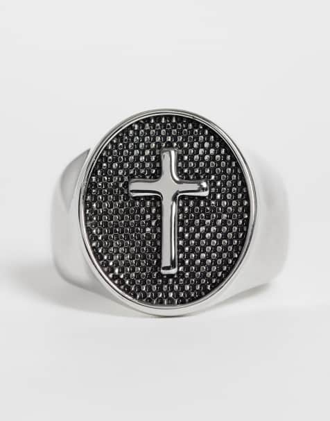 ASOS DESIGN vandtæt signetring i rustfrit stål med kors, struktur, flad top og blankt slidt finish i sølvfarve - view 1