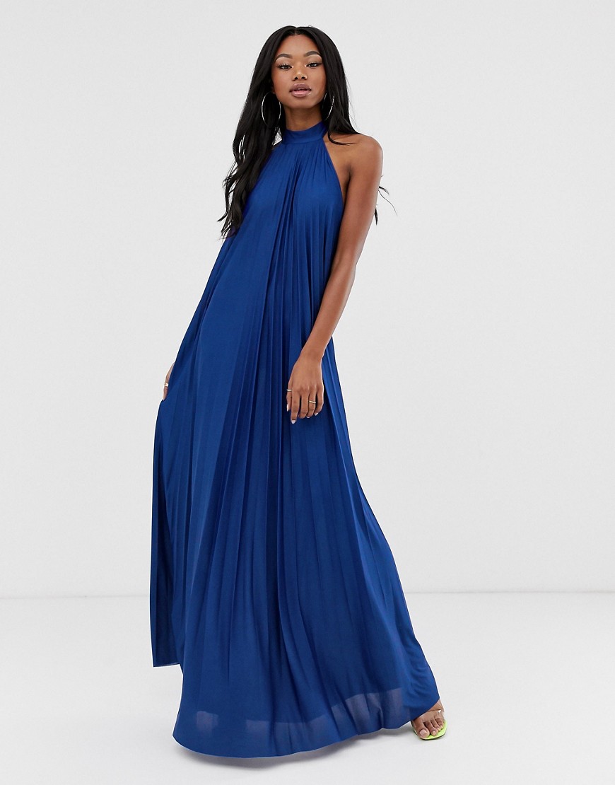 ASOS DESIGN Vanessa - Geplooide lange jurk met halternek en open achterkant-Blauw