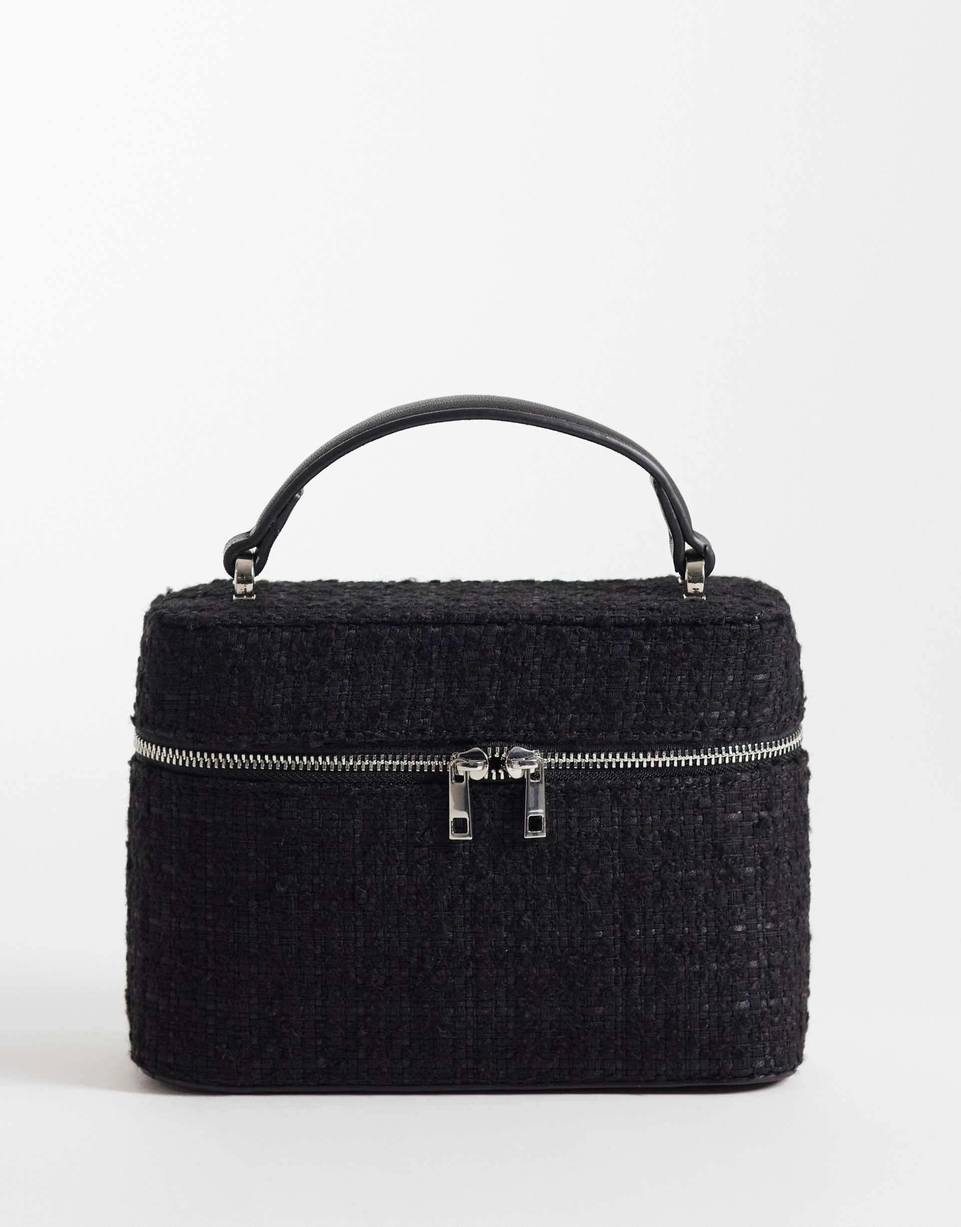 asos design vanity box bag with detachable cross-body strap in black boucle