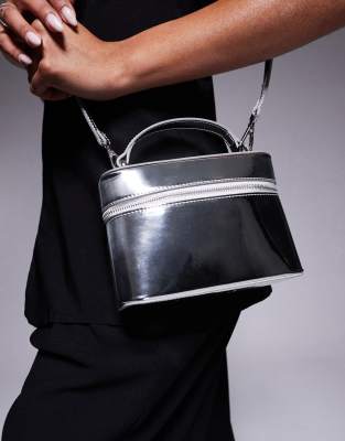 vanity box bag with detachable cross body strap in high shine silver