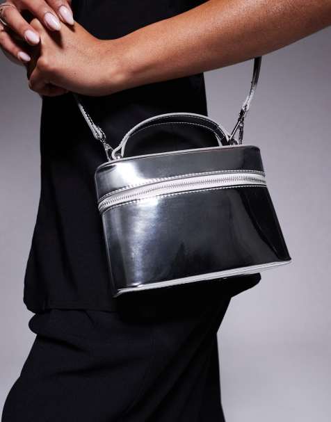 ASOS DESIGN vanity box bag with detachable cross body strap in high shine silver - view 1