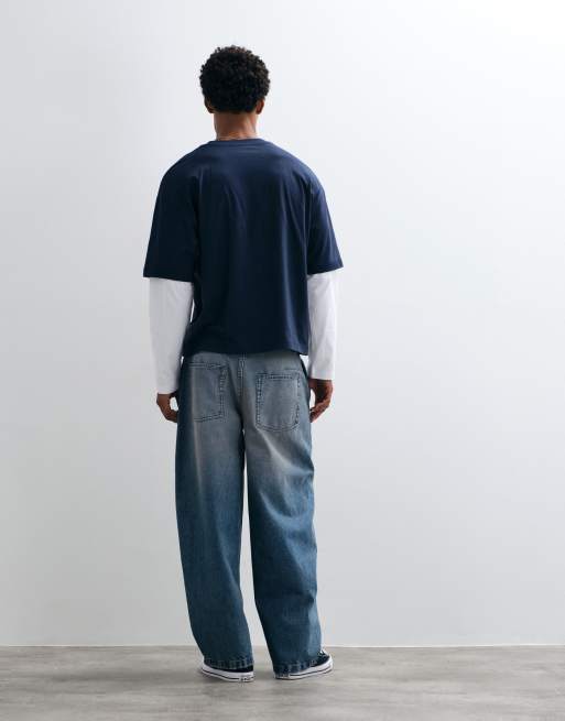 ASOS DESIGN - Vaqueros de corte barrel con lavado azul medio y detalle de pespuntes, 2 de 5