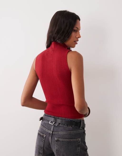 ASOS DESIGN variegated knit rib sleeveless funnel neck top in red, 3 of 4