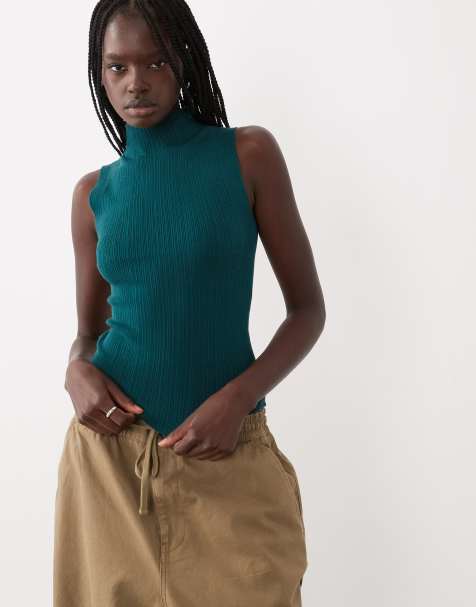 ASOS DESIGN variegated knit ribbed sleeveless funnel neck in forest green - view 1
