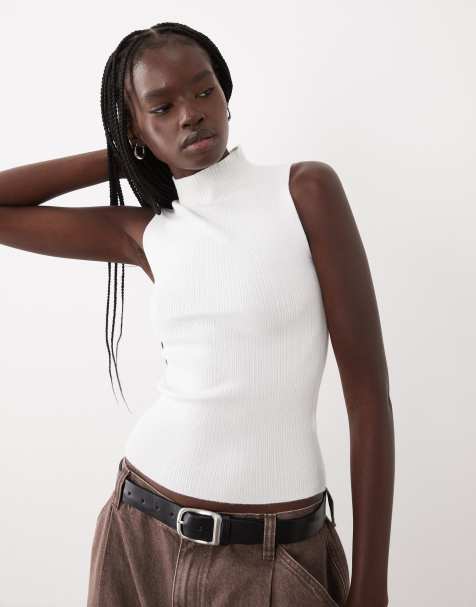 ASOS DESIGN varigated knit rib sleeveless funnel neck in cream - view 1