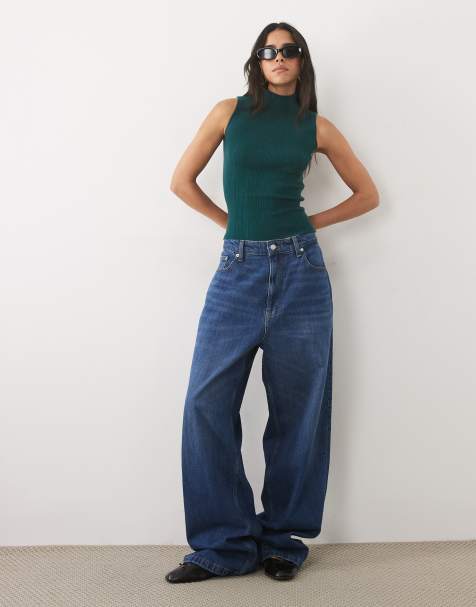 ASOS DESIGN varigated knit rib sleeveless funnel neck in forest green - view 1