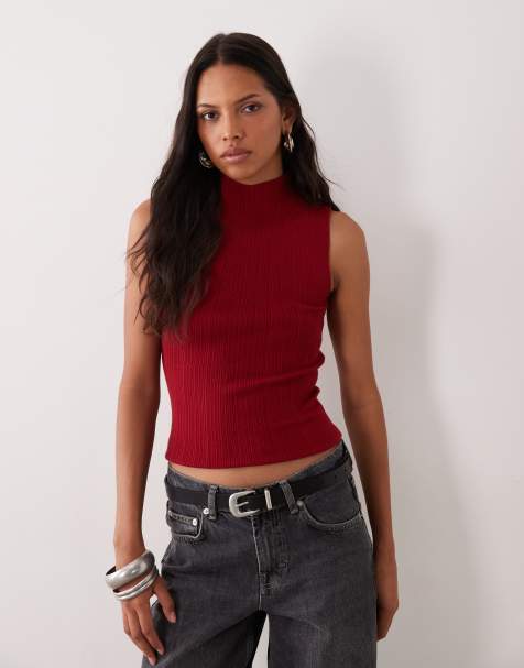 ASOS DESIGN varigated knit rib sleeveless funnel neck in red - view 1