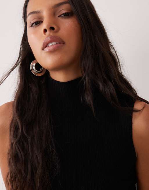 ASOS DESIGN varigated knit rib sleeveless funnel neck mini dress in black, 4 of 4