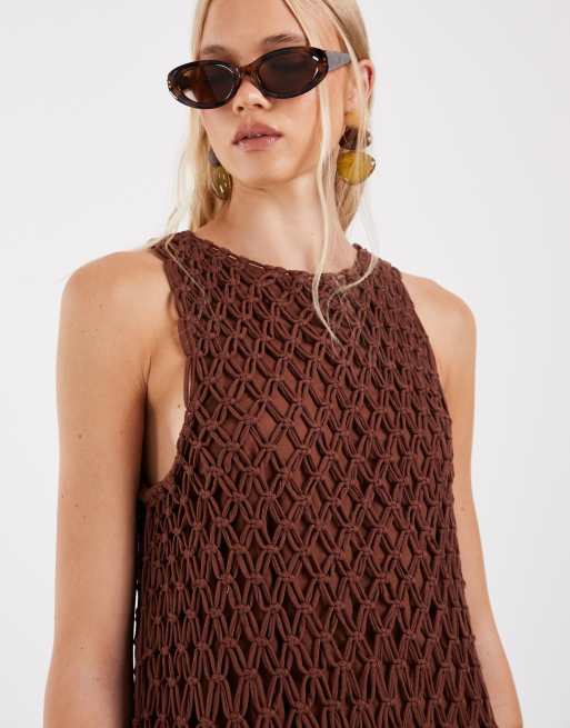 ASOS DESIGN - Varm chokoladebrun maxikjole med sænket talje og poplin-skørt i makramé, 4 af 4