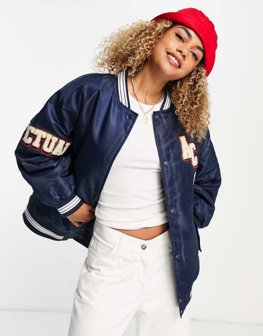 ASOS DESIGN varsity bomber jacket in navy