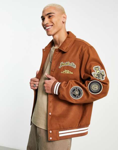 ASOS DESIGN varsity bomber jacket in tan - view 1