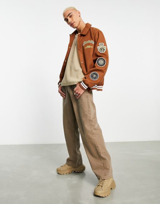 ASOS DESIGN varsity bomber jacket in tan