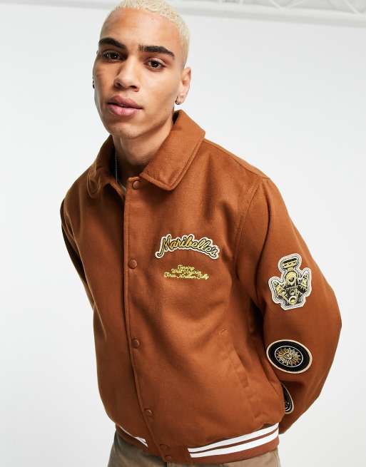 ASOS DESIGN varsity bomber jacket in tan