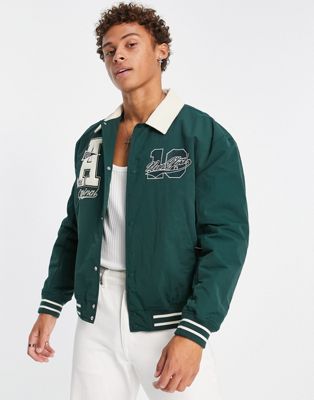 ASOS DESIGN varsity bomber jacket with contrast cord collar in green - ASOS Price Checker
