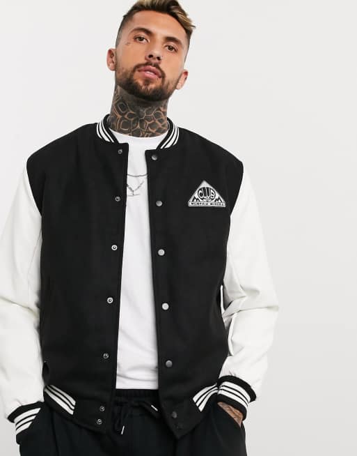 ASOS Wool Mix Varsity Jacket with Leather Sleeves in Black