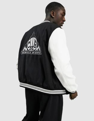 black bomber jacket with white sleeves