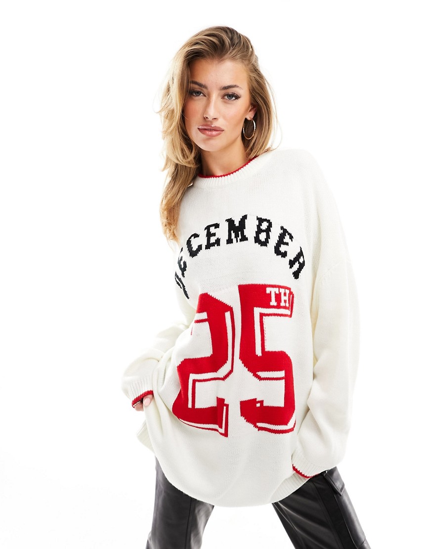 ASOS DESIGN varsity Christmas jumper with tipping-White