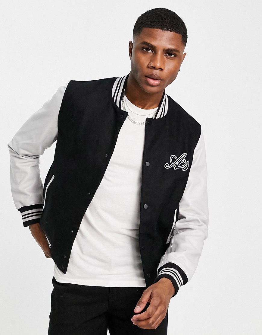 Asos Design Varsity Jacket In Black With Real Leather Sleeves And ...