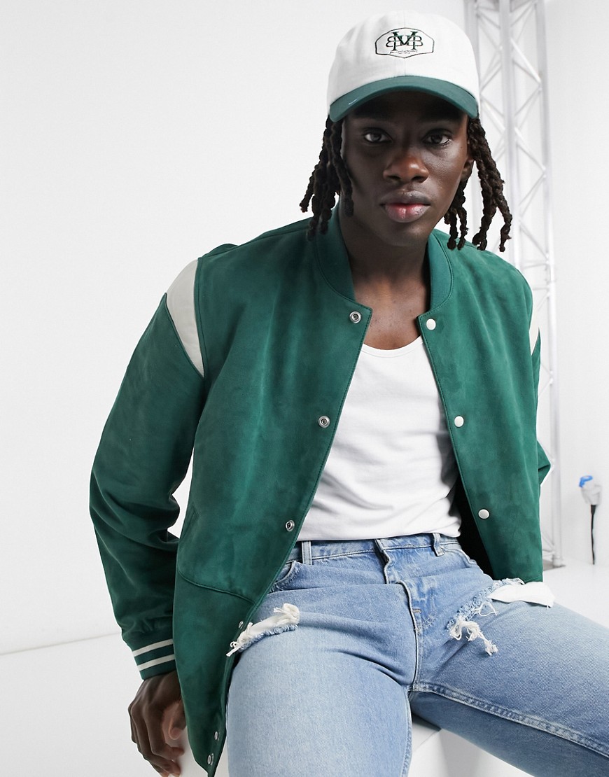 ASOS DESIGN varsity jacket in green suede with leather sleeve insert