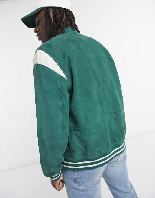 ASOS DESIGN varsity jacket in green suede with leather sleeve insert