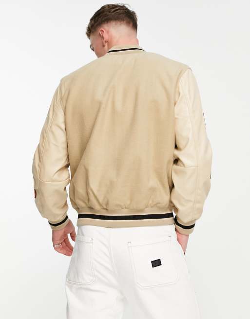 Mens Embroidered Varsity Jacket with Faux Leather Sleeves and