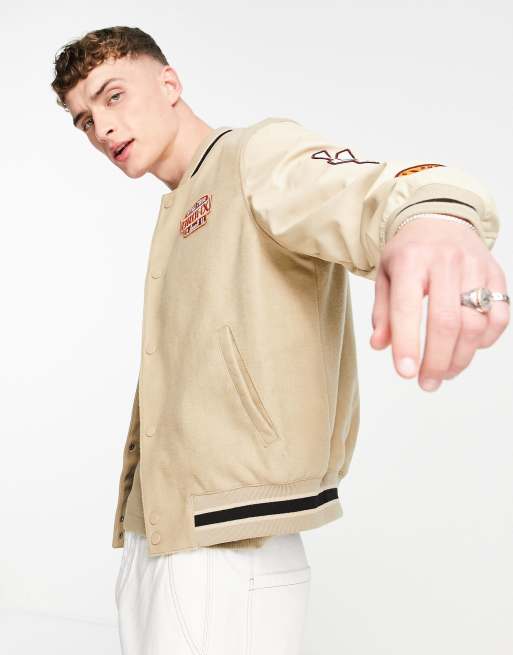 ASOS DESIGN faux leather varsity jacket with embroidery in brown