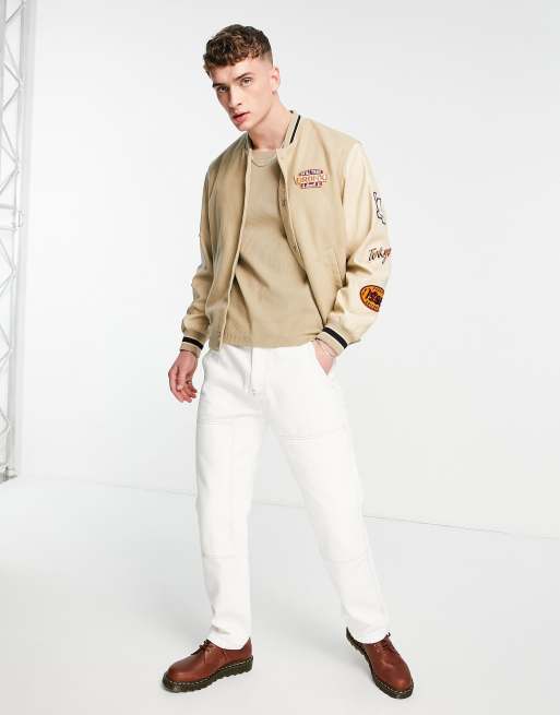 ASOS DESIGN varsity bomber jacket in tan