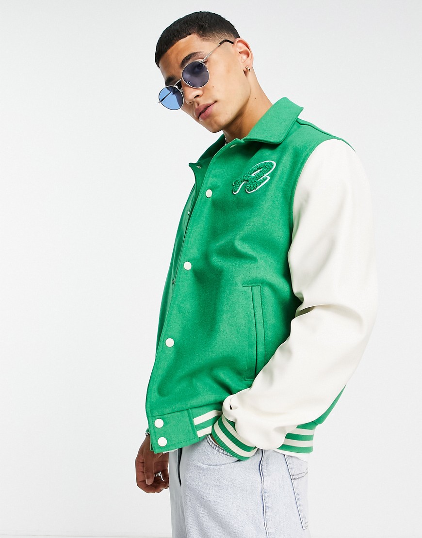 ASOS DESIGN varsity jacket with embroidery in green