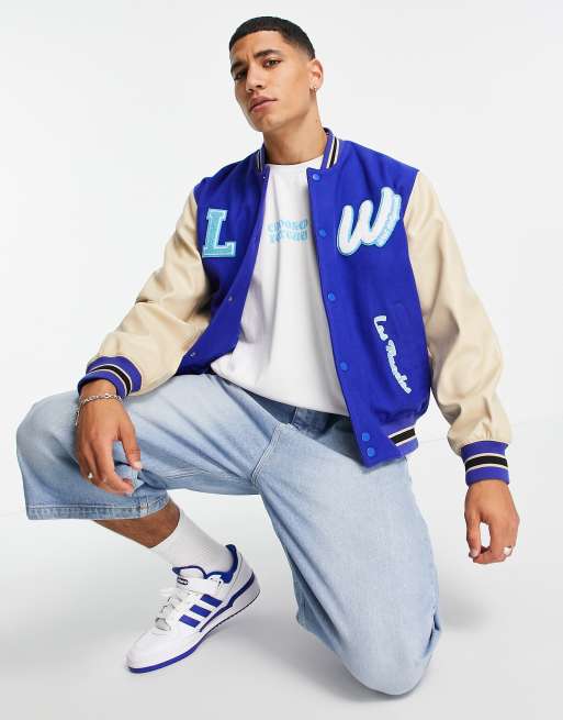 ASOS DESIGN varsity jacket with faux leather sleeves